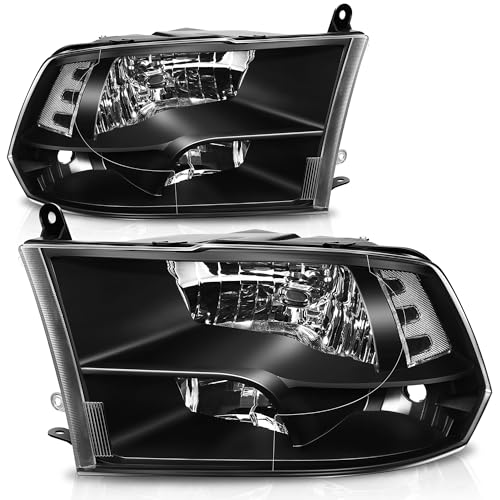 Auto Dynasty Quad Headlights Assembly Compatible with 2009-2010 Dodge Ram 1500-3500 New Body 2011-2018 Ram 1500-5500 Halogen Headlamps Replacement Left and Right Side Black Housing Clear Corner