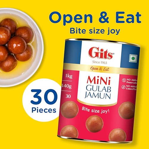 Image of Gits Open & Eat Mini Gulab Jamun, 30 Pieces Per Can, Mouth-Watering Indian Mithai, 1Kg (Pack of 3)