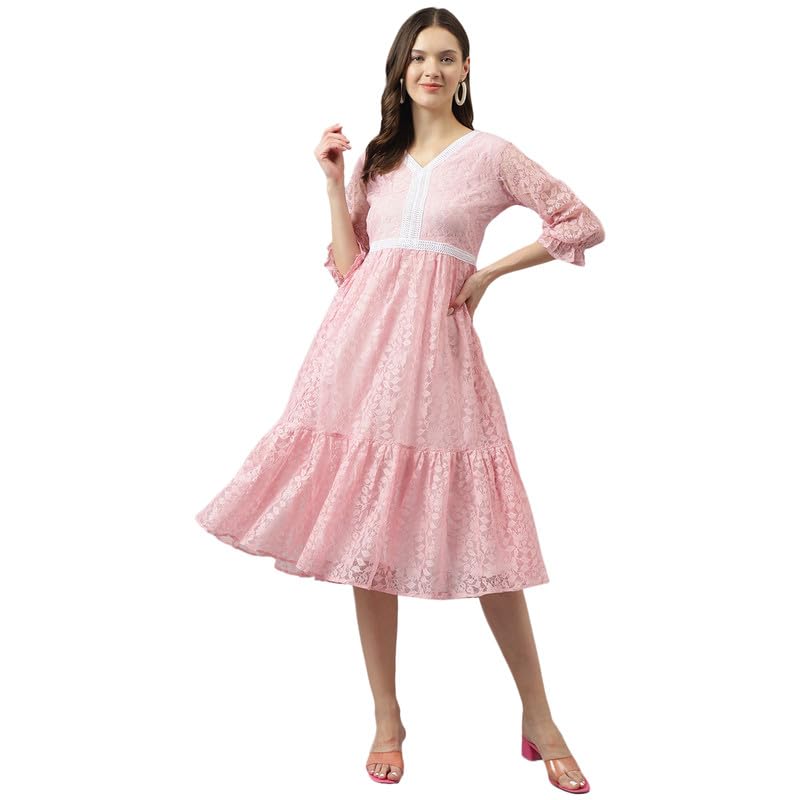 Image of Cicica Women's Baby Pink Russle Net Floral Tiered Western Dress | Dress for Women | A line Dress | Winter Dress | Western Dress | Women Dress | Trendy Dress | Midi Dress