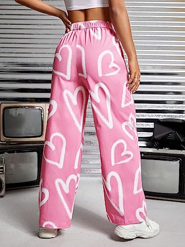 WDIRARA Women's Heart Print Button Front Trousers High Waisted Wide Leg Pants with Pocket2