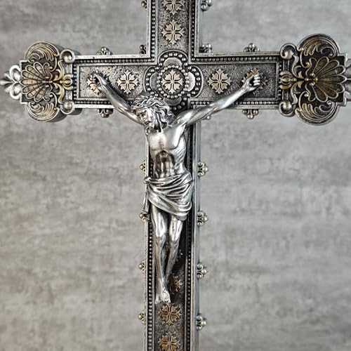 BC Catholic Crucifix Standing Cross for Altar, Silver Crucifix Tabletop Decor for Elegant Modern Home, Religious Gift, 14.7