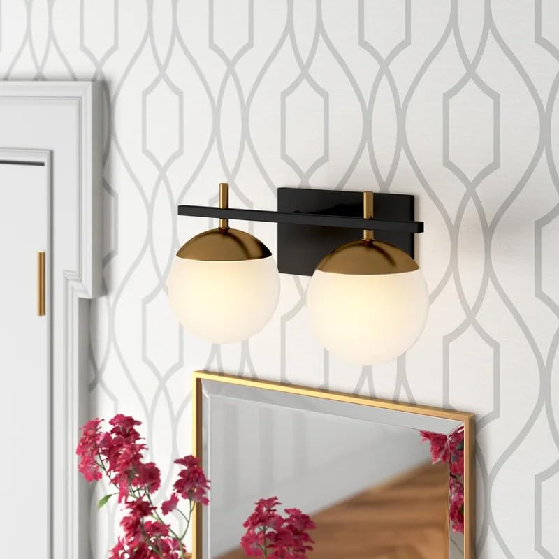 Image of Mid Century 2-Light Bathroom Vanity Light Over Mirror, Black and Gold Modern Bathroom Light Fixtures with Milky White Frosted Glass Globe Shade, Wall Sconces for Bathroom, Stairs, Kitchen