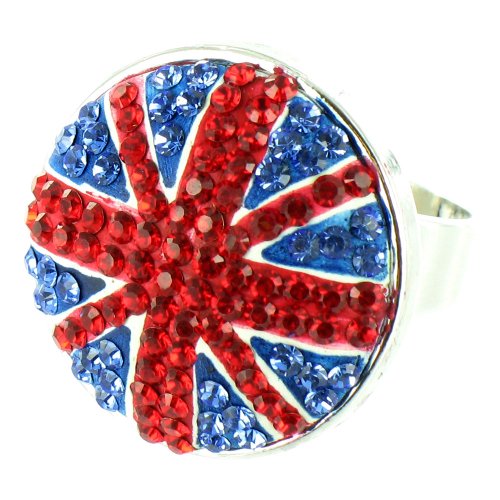 Anillo de cristal azul y rojo con baño de plata estilo Reino Unido