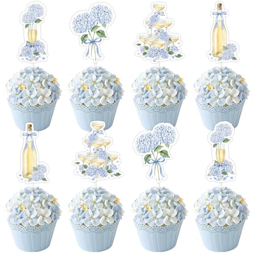 Cheereveal 36Pcs Blue Hydrangea Cupcake Toppers, Something Blue Before I Do Cupcake Toppers, Floral Cake Decoration for Birthday Bridal Shower Bachelorette Wedding Engagement Spring Party Supplies