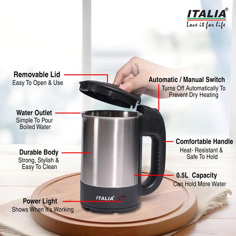 Image of ITALIA 500ml Electric Travel Kettle with 2 Cups, 1000W Mini Stainless Steel Portable Kettle for Hot Water, Tea Coffee, Auto Shut-Off, Concealed Heating, Office Hostel Travel, 1 Year Warranty