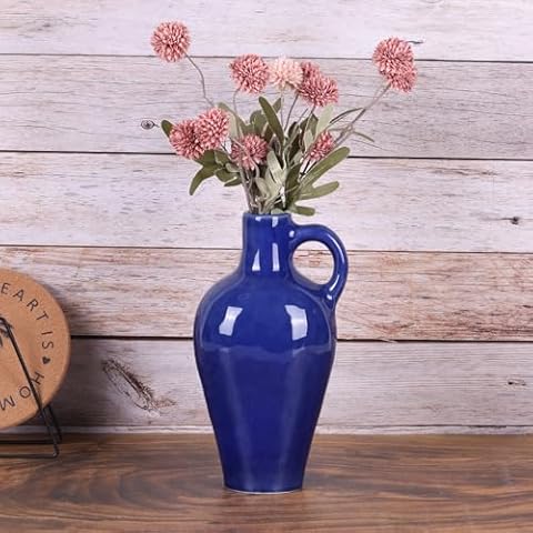 Blue Ceramic Vase with Handle, Modern Farmhouse Pottery Vase Home Decor, Navy Blue Pitcher Vase for Centerpieces, Decorative Funky Vase for Living Room, Unique Rustic Vase Boho Decorations Cover