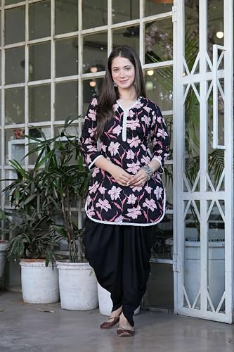 Image of Floral Print Cotton Kurta and Dhoti Set for Women Designer