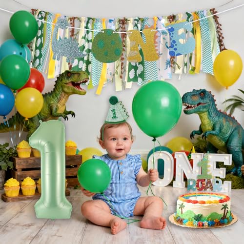 Image of Dinosaur Highchair Banner for First Birthday Party Decorations | Little Dino Roar I m One Birthday Fabric Banner for Boys Green Jungle Dinosaur High Chair Banner for 1st Bday Backdrop Decors