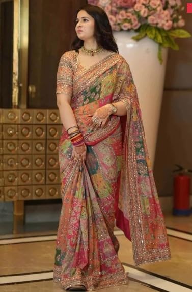 Image of Designer Chinon Silk Printed Mirror Work Saree with Unstitched Blouse Piece for Women Festive TraditionalWear Party Ethnic Saree (Rust Orange)