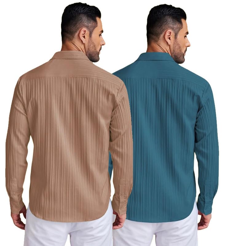 Image of DEELMO Combo of Men's Casual Button Down Shirts Long Sleeve Linen Shirt Fashion Textured Summer Shirts Pack of 2