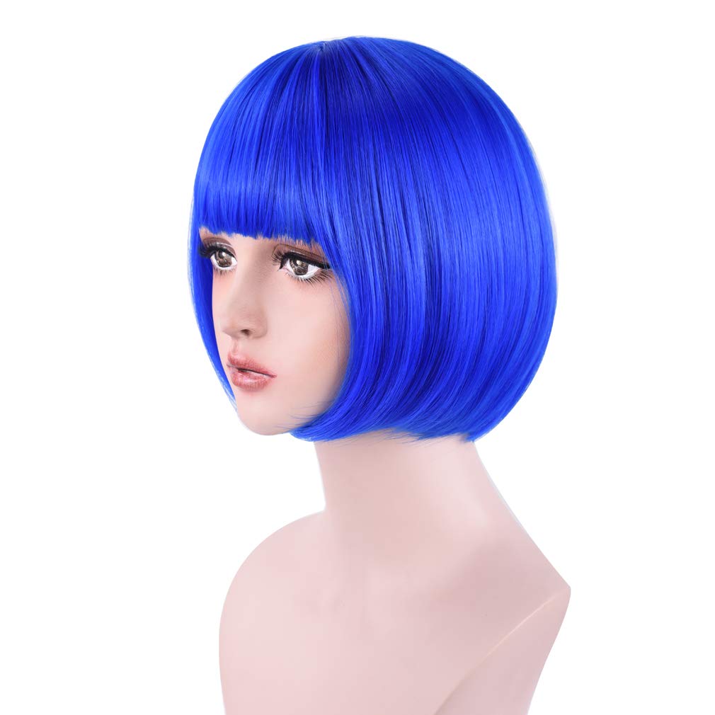 REECHO 11" Short Bob Wig with bangs Synthetic Hair for White Black Women Daily Use or Cosplay - Hot Royal Blue