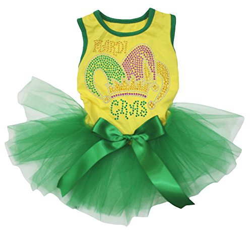 Petitebella Rhinestones Mardi Gras Clown Hat Puppy Dog Dress (Yellow/Green, Medium)