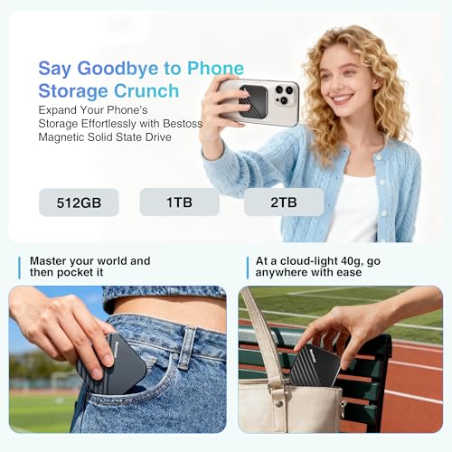 Image of Bestoss 512GB Portable Magnetic SSD, 4K 120fps ProRes HDR Record & Store | External Storage SSD up To 2000MB /s, External SSD Compatible with MagSafe for iPhone 17 /16 /15 Series, Tablets, PC, Black