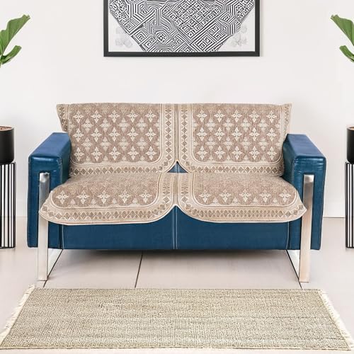 Image of Premium Chenille Woven Anti-Slip 2 Seater Sofa Cover | L-Shape Sofa Seat Protector for Living Room | Durable & Stylish Slipcover - Copper Brown - Floral