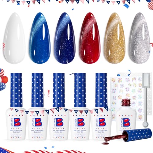 Beetles 4th of July Gel Nail Polish Set - 6 Colors Independence Spark Cat Eye Gel Polish Kit Glitter Blue Red White Sliver Gold with Magnet & Stickers Soak Off Uv Nail Art at Home Gift for Women