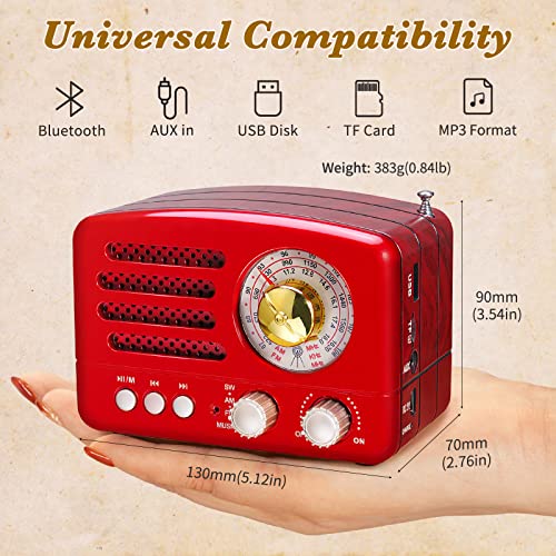 Image of PRUNUS J-160 Small Retro Vintage Radio with Bluetooth Speaker, Portable Transistor AM FM SW, Rechargeable Battery Operated, Support TF Card AUX USB MP3 Player(Red)