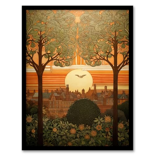 Artery8 Art Nouveau Autumn Village Sunset Artwork Painting Art Print Framed Poster Wall Decor 12x16 inch, Framed 12X16"