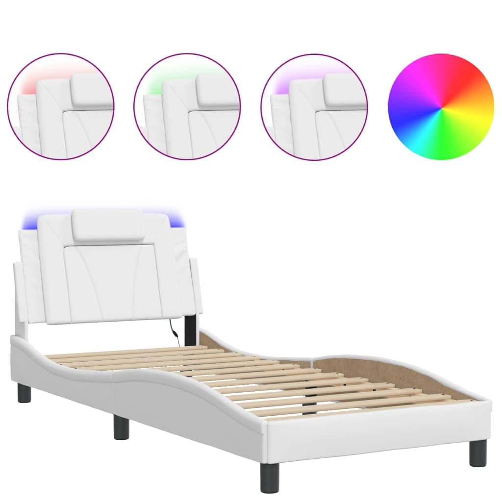 Estructura de cama Viana con LED completamente blanco, 90 x 200 cm, piel sintética, cabecero de madera contrachapada y metal, diseño ondulado, moderno, cama tapizada para jóvenes y