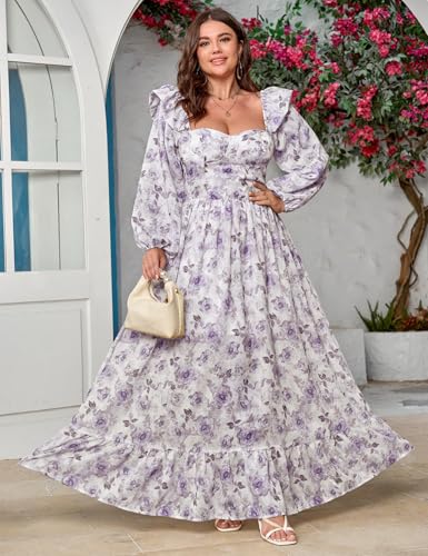 Image of EYWOL Women's Floral Puff Long Sleeve Maxi Dress Sexy Sweetheart Corset Boho Chiffon Flowy Smocked Long Dresses