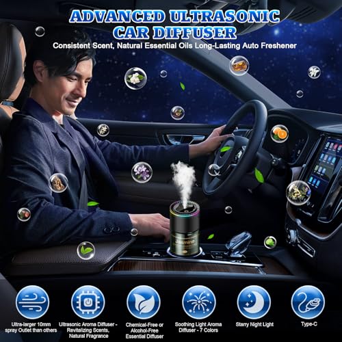 Image of Smart Car Air Freshener Diffuser - 270-Day Long-Lasting Essential Oil (6.09oz /180ml), Auto On /Off Sensor, Ultrasonic Dual Modes, Multi-Mode Adjustable, Natural French Fragrance Oils, Jasmine Scent