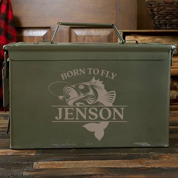 Personalization Universe Fly Fishing Personalized Ammo Box - Military Surplus Ammo Can, Steel Construction, Ideal for Ammo Storage, Outdoorsy Gift for Men, Made in USA, 50 Cal Ammo Can