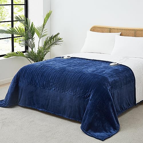 JKMAX Heated Electric Blanket Twin Size - 62"x84" Flannel Heating Blanket with 10 Heating Levels & 5 Time Settings Over-Heat Protection, Winter Warmer for Adults with ETL Certification(Navy Blue)
