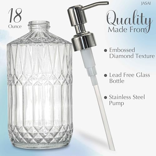 Image of JASAI 18 Oz Embossed Clear Glass Soap Dispenser with Rust Proof Pump | Refillable Dish soap Dispenser for Kitchen, Premium Bathroom Soap Dispenser for Hand soap, Lotion (Clear)