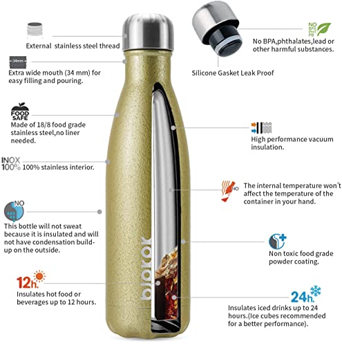 Image of BJPKPK Insulated Water Bottles 17oz,Leak Proof Stainless Steel Water Bottle Keeps Cold for 24 Hours and Hot for 12 Hours, BPA Free,Gold