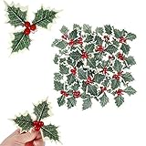 20PCS Artificial Holly Berries with Green Leaves Fake Holly Leaves with Red Berries for Christmas...