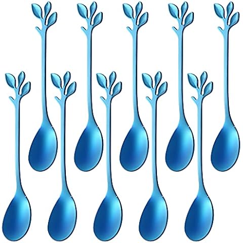 Coffee Spoon set, AnSaw 10 Pcs 4.7" teaspoons, Creative Blue Leaf Dessert Spoons, Premium Food Grade Stainless Steel, Mirror Finish & Dishwasher Safe (Blue-10spoon) Cover