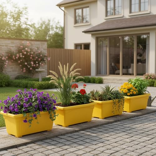 Image of Bianco Rectangular Plastic Pots for Plants, Jupiter Flower Pots for Home, Window Display, Garden (35 x 18.5 x 15 cm) (Yellow) (Pack of 4)