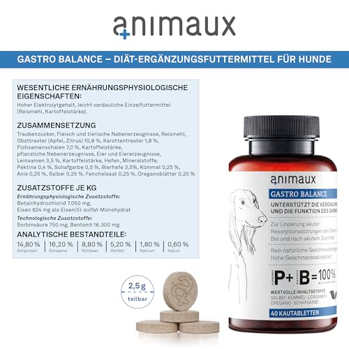 Kautabletten für Hunde bei Durchfall – Zur Stabilisierung der Darmflora & Verdauung – Diät-Ergänzungsfuttermittel – 40 x 2,5 g – animaux Gastro Balance