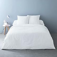 Alpes Blanc - Housses de Couette Unies rayées Pur Satin de Coton 78 Fils + 2 taies 65x65 cm – Doux et Respirant – Finition Boutons
