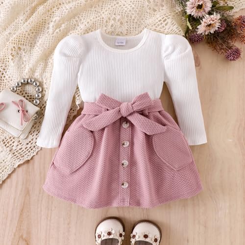 Toddler Girl Clothes Baby Fall Winter Outfits Knitted Puff Sleeve Tops + Infant Short Skirt + Belt 3Pcs 12 Months- 4T2