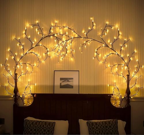Ciskotu Willow Vine Twig Wall Lights 2PCS: 144 LED Plug in Powered Warm White with Fairy Tree Light for Wall Indoor Bedroom Living Room Home Christmas Decor