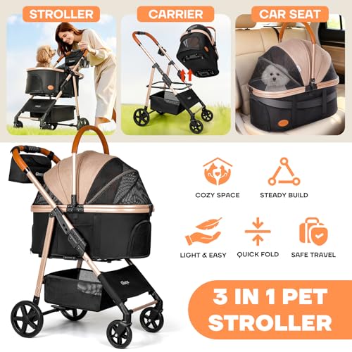 Dog Cat Stroller for Small/Medium Pets up to 50 lbs, 3-in-1 Foldable Pet Stroller with Detachable Carrier, Car Seat, Storage Basket, Cup Holder, Hanging Bag, Rain Cover, All-Terrain 4 Wheels (Khaki) - Image 4