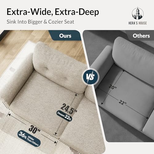 Image of HERA'S HOUSE Modular Sectional Sofa Set for Living Room 3-Piece Deep Seats | Mid-Century Modern 6-Seater Cloud Sofa Set, Light Grey, Rolled Arms & Nailhead Trim, Wider Seats, Soft Linen Furniture Set