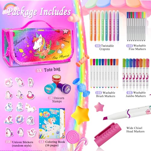 Image of weirtoya 56 PCS Washable Scented Markers with Glitter Pencil Case, Mermaid Unicorn Arts and Crafts for kids 4-6-8 Kids Coloring Drawing Kits for 4-8 Years Old Girls Xmas Gifts Stocking Stuffers