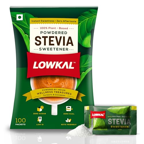Image of LowKal Stevia Sachets, 100 Count | Natural, Tastes Great, Ideal For Travel | No Sugar-Spike Ingredients | With Gut-Friendly Turmeric & Cinnamon | Stevia Powder Sachets | Sugarfree Stevia