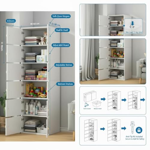 Image of EXVITO Engineered Wood Wardrobe for Bedroom | Foldable 6-Shelf Wooden Storage Cabinet | Cupboard Almirah for Clothes | Collapsible Wardrobe | Digital Heavy PC Game Cabinet - White