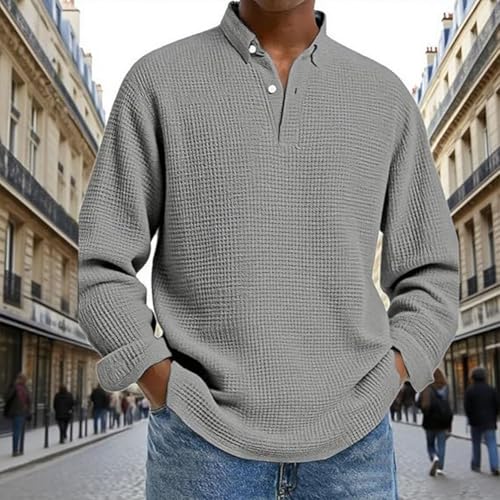 Mokaloha Mens Long Sleeve Shirts Waffle, New Men's Simple Solid Color Waffle Lapel Long Sleeve Polo Shirt3