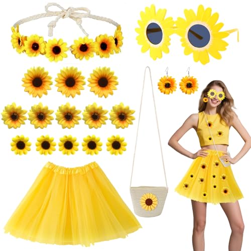 18 Pièces Costume de Tournesol pour Femme, Set Accessoires de Déguisement de Fleur avec Jupe Tutu...