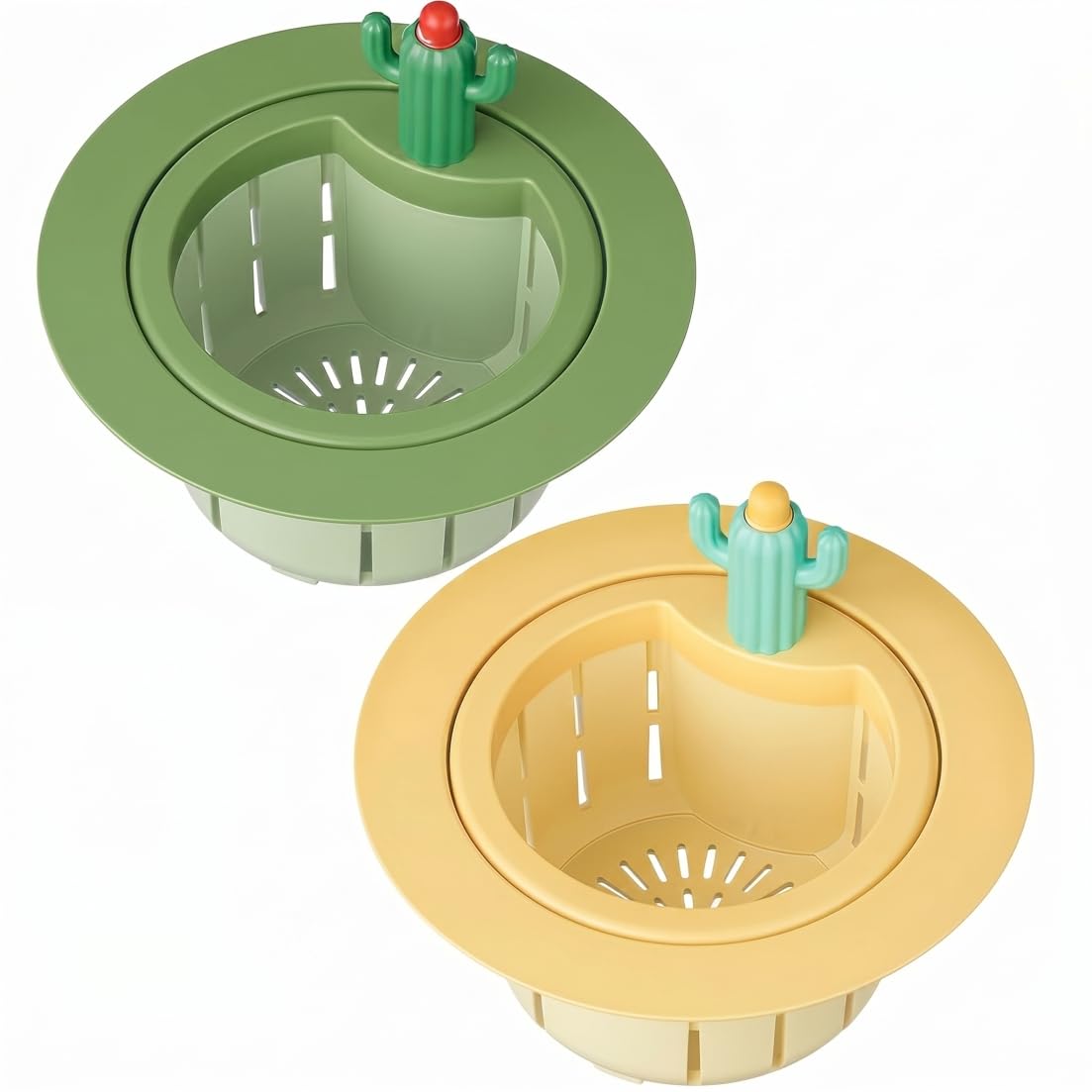 Hotainoys 2PCS Cactus Sink Strainer, Anti-Clog Plastic Sink Filter Basket Fast Drainage Drain Cover for Kitchen Restaurant, Green & Yellow Cactus Strainer