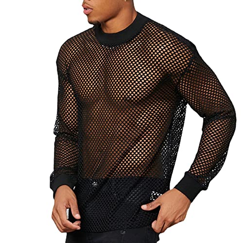 Ymosrh Men's Long Sleeve Shirts Fishnet Shirt Top Mesh Transparent Muscle T-Shirt Net Undershirt Top T Shirt, M-4XL