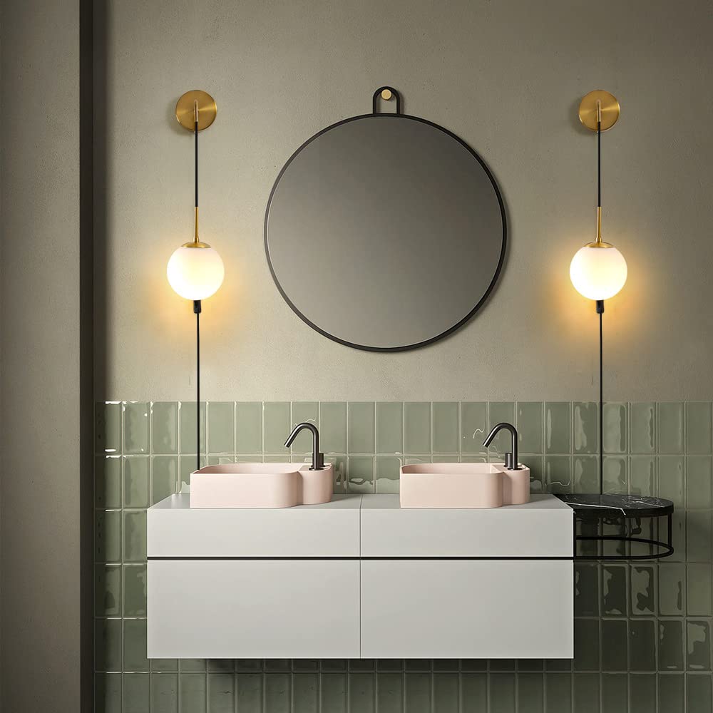 Wall Sconces Set of Two Plug in Wall Sconces Brushed Gold Wall Lamp with Plug in Cord Wall Sconce Plug in with Globe White Glass Shade Plug in Wall Sconces Set of 2 Plug in Wall Light Plug in Sconce