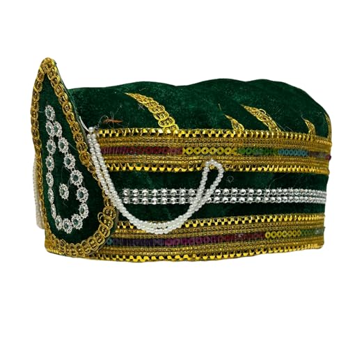 Image of Kaku Fancy Dresses Akbar Mughal King Pagdi Turban Safa Traditional Royal Headgear for Kids | Fancy Dress Costume Accessory for Historical Plays & Cultural Events - Green