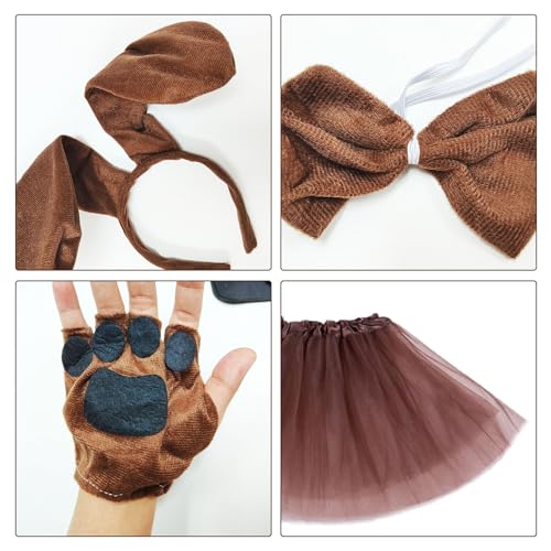 XNIVUIS 6 Stück Hunde für Kostüm Set Include Braun Hund Ohren und Schwanz Nase Handschuhe Fliege und Kleid Set,Verkleidungen & Kostüme für Hunde für Tier Thema Party Kindertag Weihnachten (Braun)