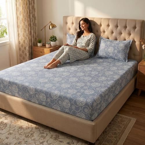 Image of Mafatlal 186 TC Grace Pure Cotton Double Size Bedsheet | 90 x 100 Inch | Soft Breathable Cotton Bed Sheet Set with 2 Pillow Covers | Slate Blue