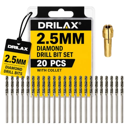 Drilax 20 Pc 2.5mm Diamond Drill Bit Set, Rotary Tool Bits with Collet, Compatible with Dremel for Glass, Sea Glass, Shells, Gemstones, Ceramic, Jewelry Making &amp; Lapidary