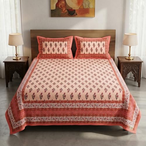 Image of Mafatlal 144 TC Heritage 100% Cotton Traditional Jaipuri Print Queen Size Bedsheet (90x108 Inches) with 2 Matching Pillow Covers - Flat, Garnet Red